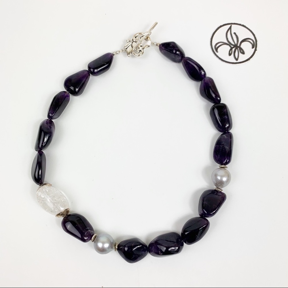 Amethyst Pearl Quartz Beaded Statement Necklace - Picture 2 of 6